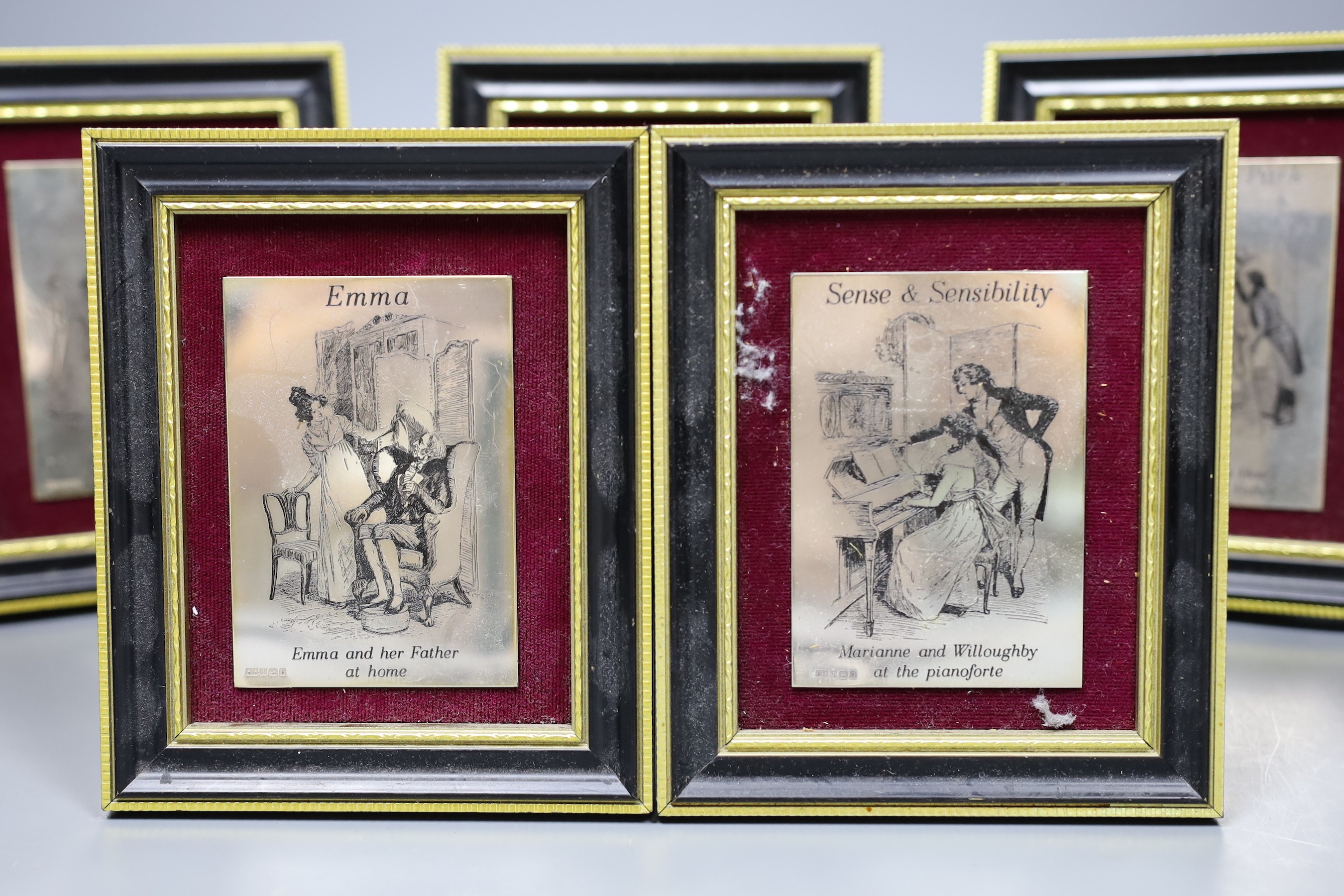 A set of six silver plaques, decorated with scenes from Jane Austen, 9.5 x 6.5cm